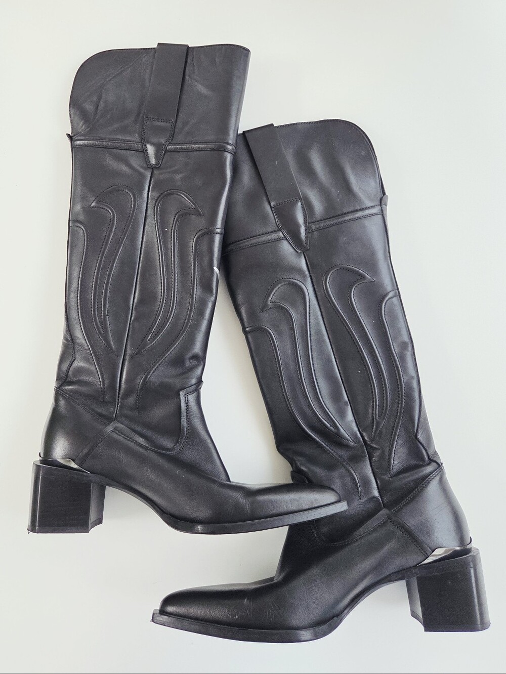 Zara black leather knee-high cowboy Western boots Size 38 7.5 - Picture 6 of 9